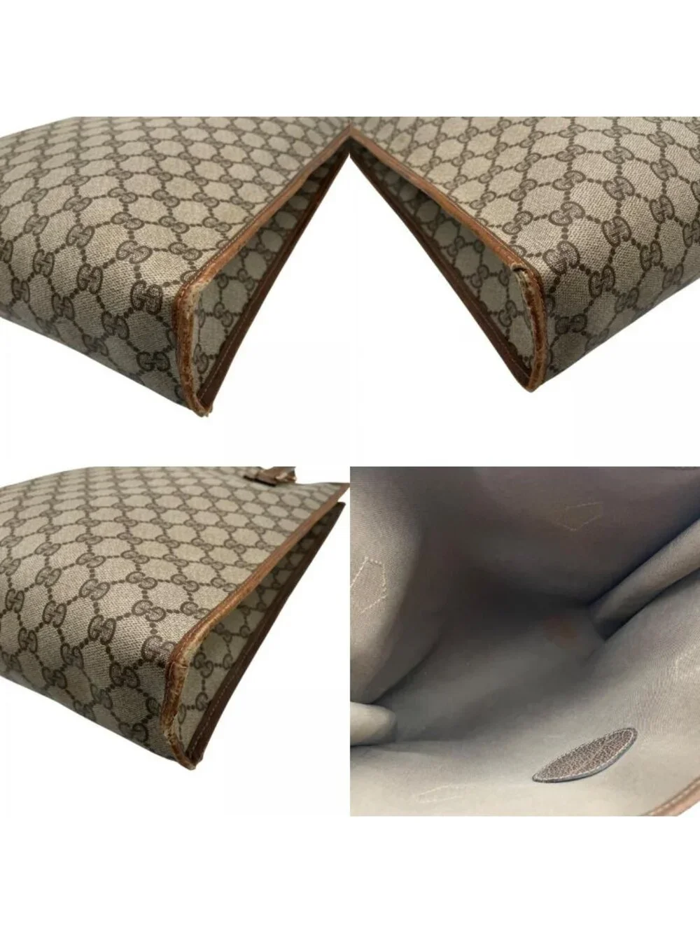 Gucci Tote Handle Vintage GG Plus Leather Gray Brown Gold Simple Business Daily